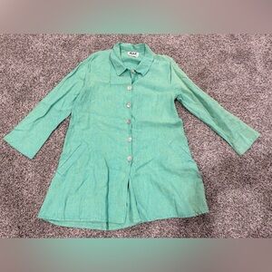 Flax collared tunic length button up shirt, women's size small